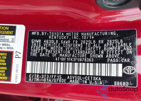 2015 Toyota Camry Se z USA, uszkodzony, nr VIN 4T1BF1FK3FU878363